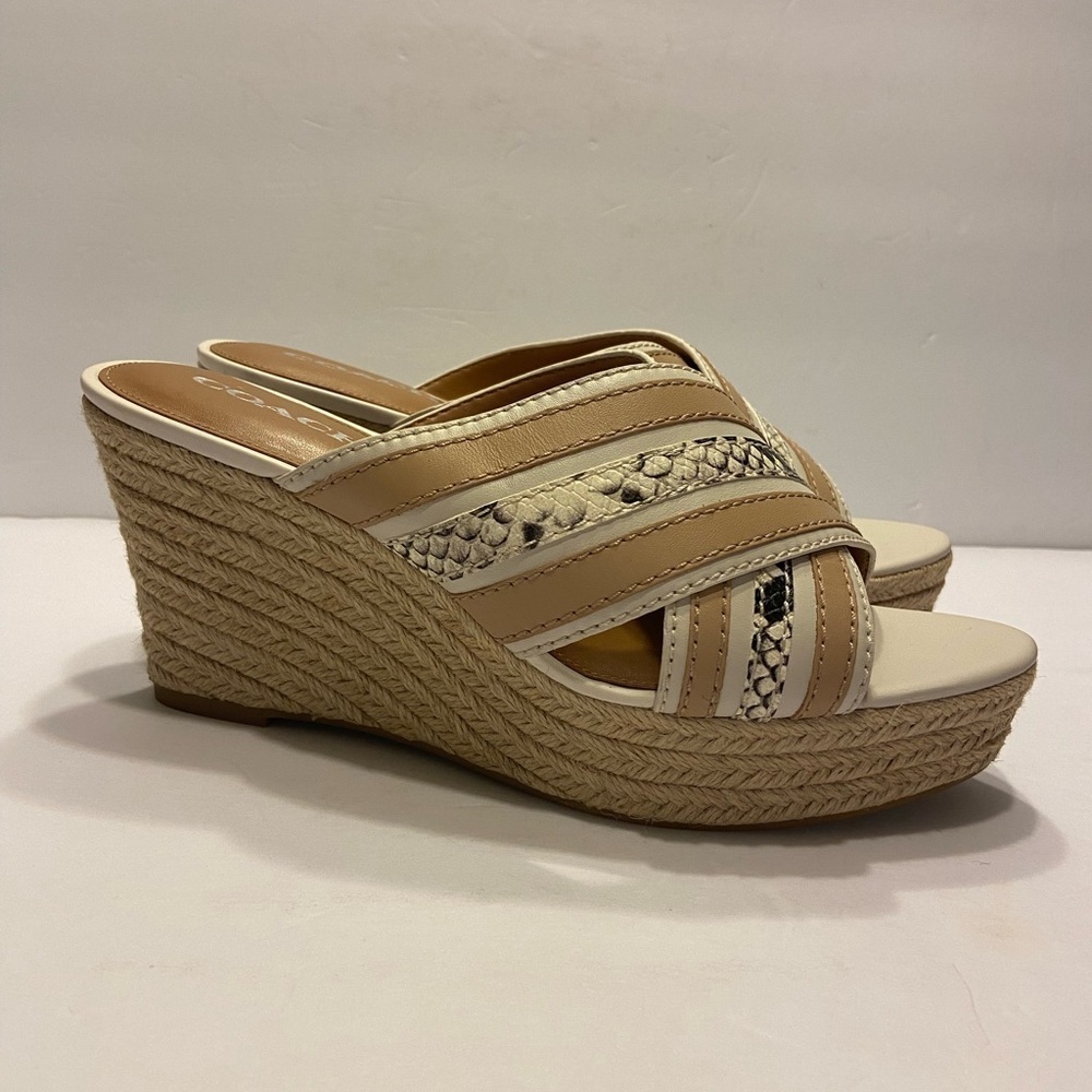 Brand New Coach Florentine Open Toe Leather Wedge Sandals Chalk Sz 10 - Picture 4 of 13